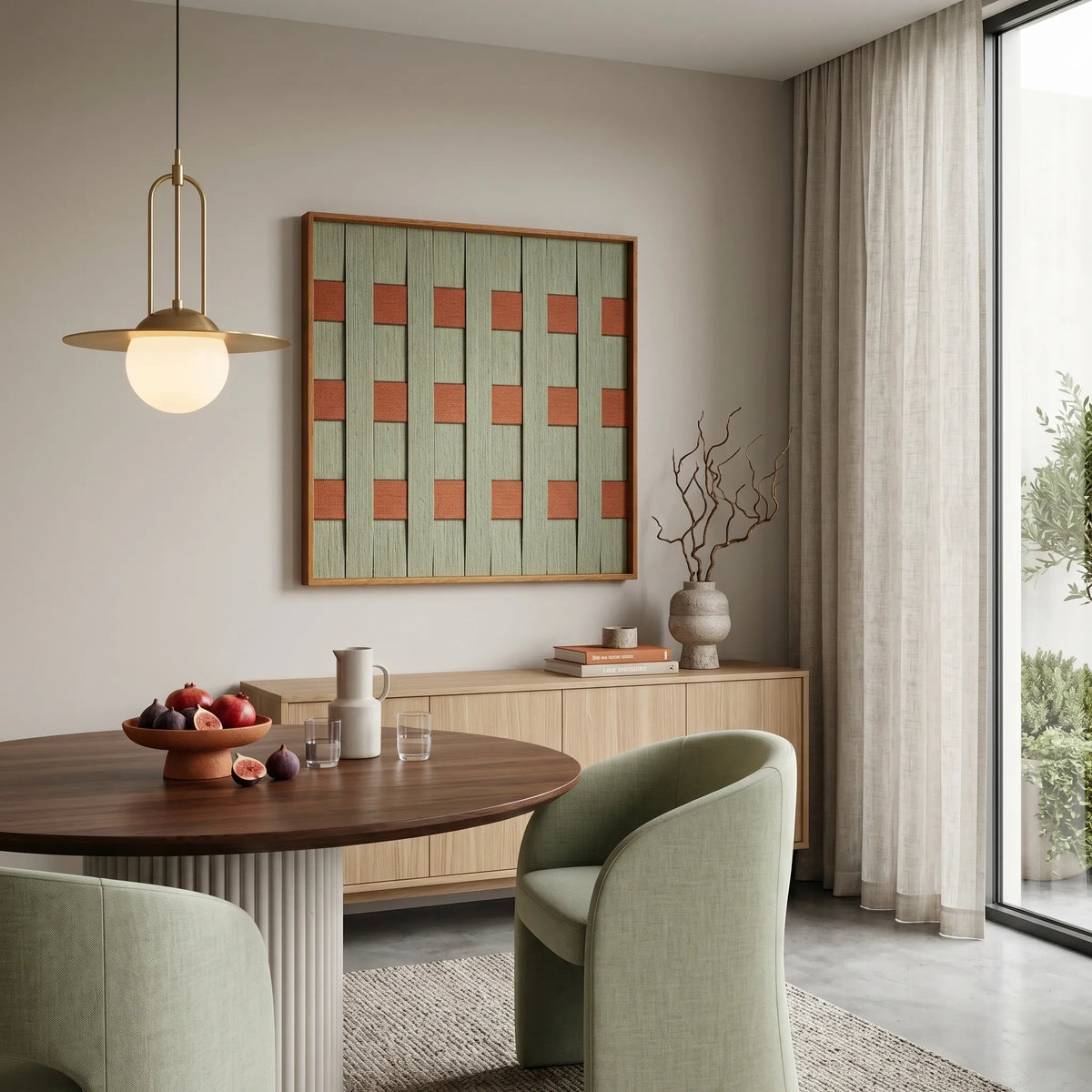 Square textured textile art piece with orange and sage green accents displayed in a warm, cozy dining space with chairs.