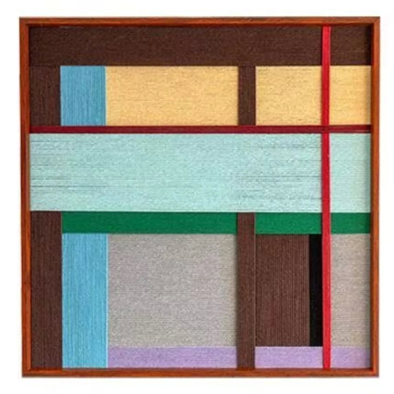 Detailed view of the multi-colored fiber wall art showing blocks of yellow, blue, and brown wool woven into a structured abstract pattern.